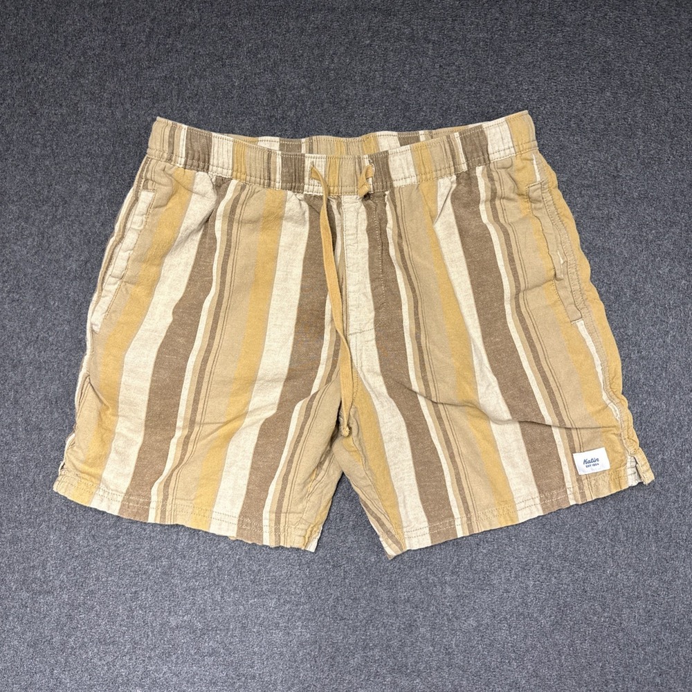 Katin Men's Striped Drawstring Cotton Linen Shorts Pockets Elastic Waist Beach
